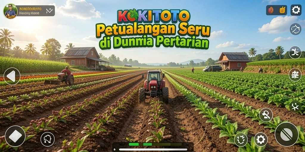Tampilan gameplay seru di KOKITOTO dengan kebun yang luas dan hewan ternak.