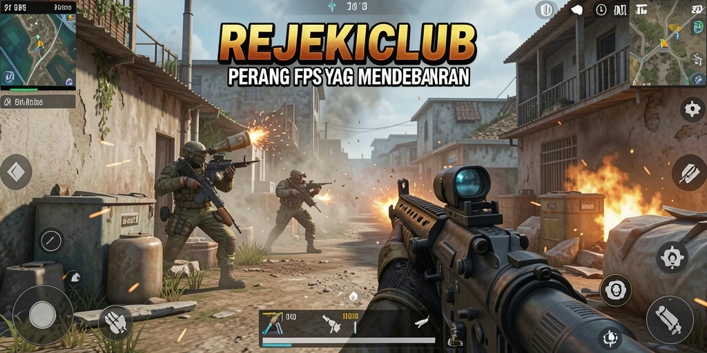 Tangkapan layar gameplay REJEKICLUB menampilkan pertempuran intens di medan perang.