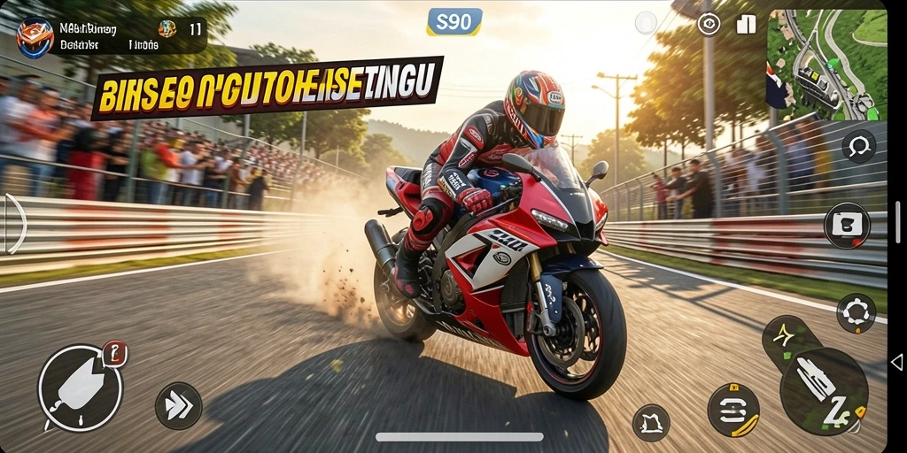 Screenshot gameplay S80 yang menunjukkan aksi balap motor yang mendebarkan.