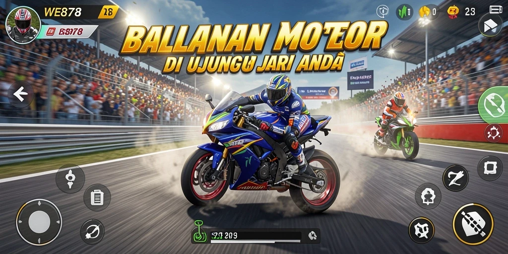 Gameplay seru WE878 dengan balapan motor yang mendebarkan.